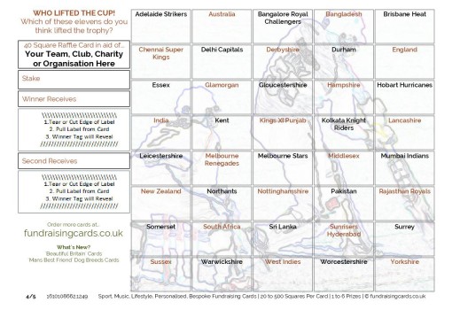 A5 `Cup Winners` Cricket Fundraising Scratch Cards / Raffle Ticket / Draw Cards