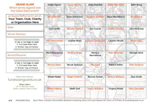 A5 `Grand Slam` Tennis Fundraising Scratch Cards / Raffle Ticket / Draw Cards