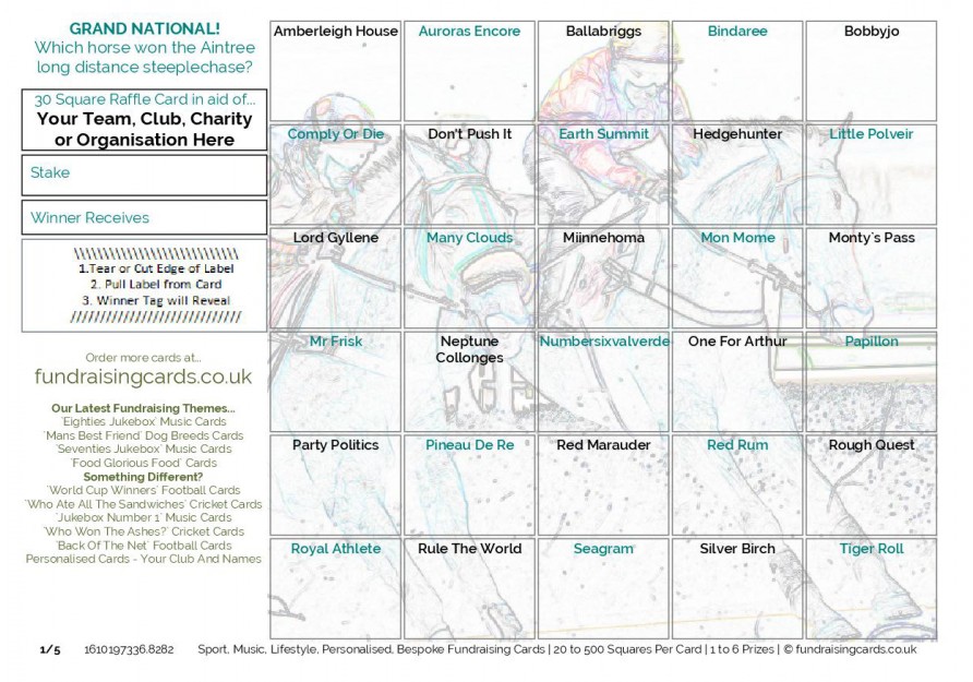 A5 `Epsom Derby` Horse Racing Fundraising Scratch Cards / Raffle Ticket / Draw Cards