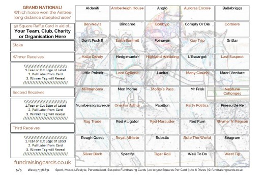 A5 `Epsom Derby` Horse Racing Fundraising Scratch Cards / Raffle Ticket / Draw Cards