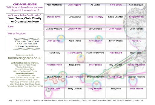 A5 `One-Four-Seven` Snooker Fundraising Scratch Cards / Raffle Ticket / Draw Cards