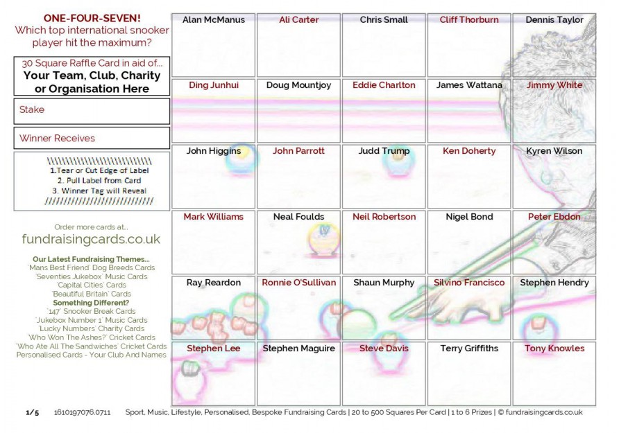 A5 `One-Four-Seven` Snooker Fundraising Scratch Cards / Raffle Ticket / Draw Cards