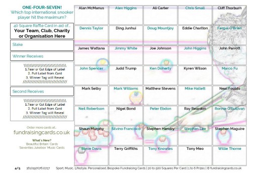 A5 `One-Four-Seven` Snooker Fundraising Scratch Cards / Raffle Ticket / Draw Cards