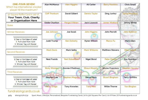 A5 `One-Four-Seven` Snooker Fundraising Scratch Cards / Raffle Ticket / Draw Cards