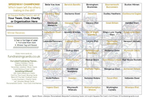 A5 `Speedway Champions` Motor Racing Fundraising Scratch Cards / Raffle Ticket / Draw Cards