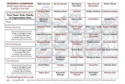 A5 `Speedway Champions` Motor Racing Fundraising Scratch Cards / Raffle Ticket / Draw Cards