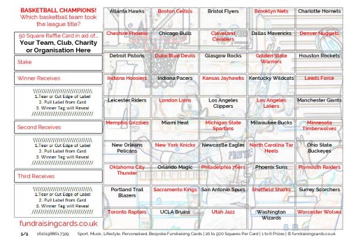 A5 `NBA Champions` Basketball Fundraising Scratch Cards Raffle Ticket / Draw Cards