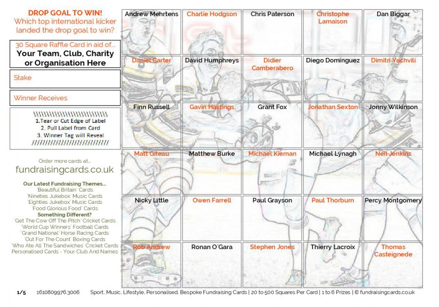 A5 `Assorted Theme` Rugby Union Fundraising Scratch Cards / Raffle Ticket / Draw Cards