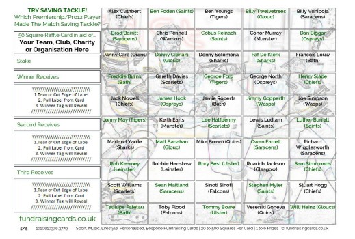 A5  `Try Saving Tackle` Rugby Union Fundraising Scratch Cards / Raffle Ticket / Draw Cards