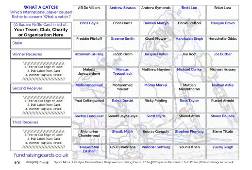 A5 `What a Catch` Cricket Fundraising Scratch Cards / Raffle Ticket / Draw Cards