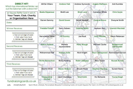 A5 `Direct Hit Run Out` Cricket Fundraising Scratch Cards / Raffle Ticket / Draw Cards