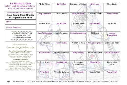 A5 `Six To Win` Cricket Fundraising Scratch Cards / Raffle Ticket / Draw Cards