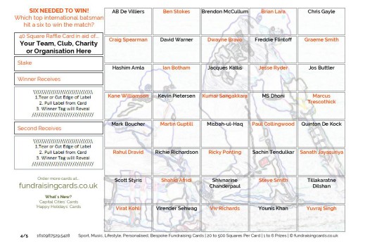 A5 `Six To Win` Cricket Fundraising Scratch Cards / Raffle Ticket / Draw Cards