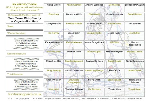 A5 `Six To Win` Cricket Fundraising Scratch Cards / Raffle Ticket / Draw Cards