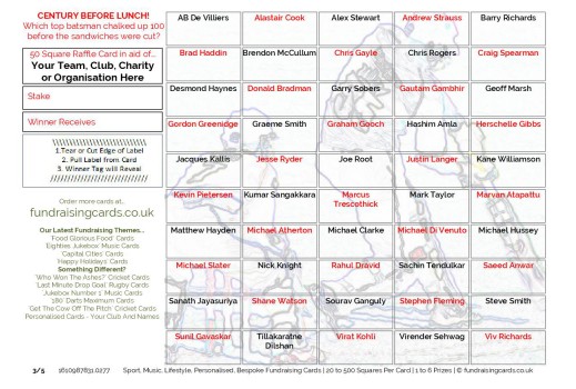 A5 `Century Before Lunch` Cricket Fundraising Scratch Cards / Raffle Ticket / Draw Cards