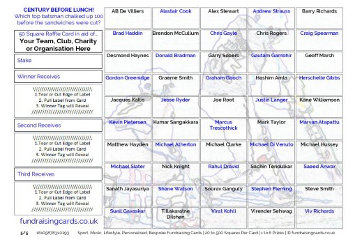 A5 `Century Before Lunch` Cricket Fundraising Scratch Cards / Raffle Ticket / Draw Cards