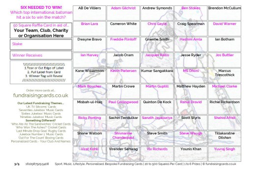 A5 `Assorted Theme` Cricket Fundraising Scratch Cards / Raffle Ticket / Draw Cards