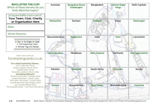 A5 `Assorted Theme` Cricket Fundraising Scratch Cards / Raffle Ticket / Draw Cards