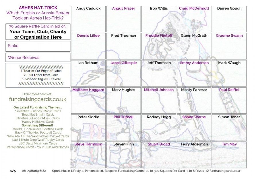 A5 `Ashes Hat-Trick` Cricket Fundraising Scratch Cards / Raffle Ticket / Draw Cards