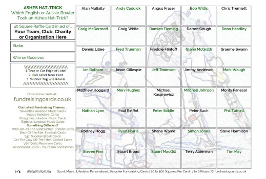 A5 `Ashes Hat-Trick` Cricket Fundraising Scratch Cards / Raffle Ticket / Draw Cards