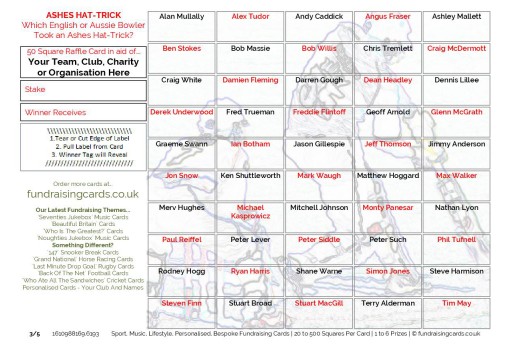 A5 `Ashes Hat-Trick` Cricket Fundraising Scratch Cards / Raffle Ticket / Draw Cards