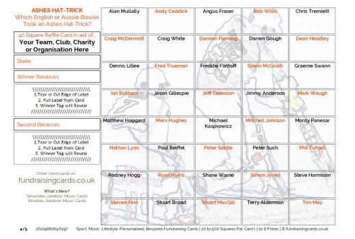 A5 `Ashes Hat-Trick` Cricket Fundraising Scratch Cards / Raffle Ticket / Draw Cards