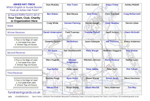 A5 `Ashes Hat-Trick` Cricket Fundraising Scratch Cards / Raffle Ticket / Draw Cards