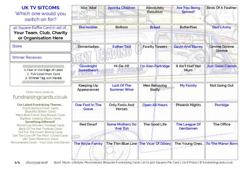 A5 `UK TV Sitcoms` Fundraising Scratch Cards / Raffle Ticket / Draw Cards