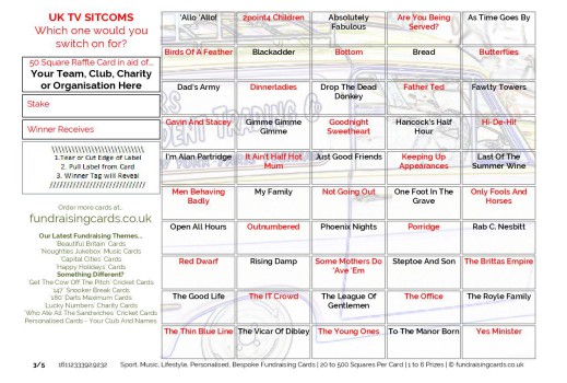 A5 `UK TV Sitcoms` Fundraising Scratch Cards / Raffle Ticket / Draw Cards