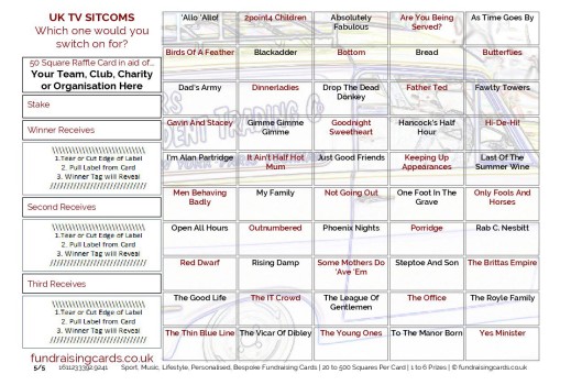 A5 `UK TV Sitcoms` Fundraising Scratch Cards / Raffle Ticket / Draw Cards