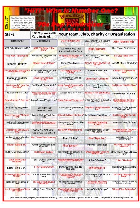 3 x A4 `70s Jukebox` 100 Music Fundraising Scratch Card / Raffle / Draw ...