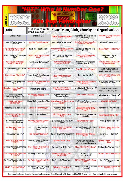 3 x A4 `80s Jukebox` 100 Music Fundraising Scratch Card / Raffle / Draw ...