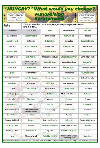 A4 `Hungry?` 100 Square Food Fundraising Scratch Card / Raffle / Draw Ticket