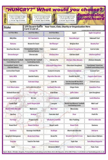 A4 `Hungry?` 100 Square Food Fundraising Scratch Card / Raffle / Draw Ticket