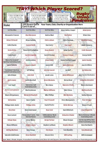 A4 `Try` 100 Square Rugby Union Fundraising Scratch Card / Raffle / Draw Ticket
