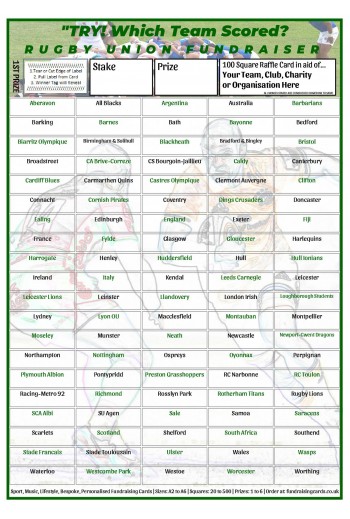 A4 `Try` 100 Square Rugby Union Fundraising Scratch Card / Raffle / Draw Ticket