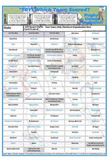 A4 `Try` 100 Square Rugby Union Fundraising Scratch Card / Raffle / Draw Ticket