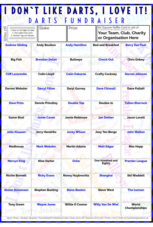 5 x A4 `I Don't Like Darts, I Love It` Fundraising Raffle Ticket / Draw Cards / Scratchcards