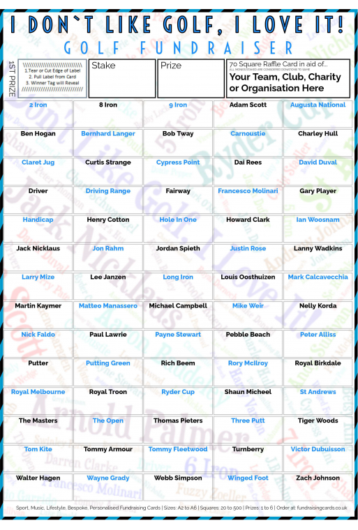 5 x A4 `I Don't Like Golf, I Love It` Fundraising Raffle Ticket / Draw Cards / Scratchcards