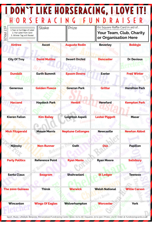 5 x A4 `I Don't Like Horse Racing, I Love It` Fundraising Raffle Ticket / Draw Cards / Scratchcards