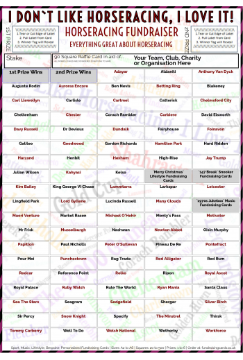 5 x A4 `I Don't Like Horse Racing, I Love It` Fundraising Raffle Ticket / Draw Cards / Scratchcards