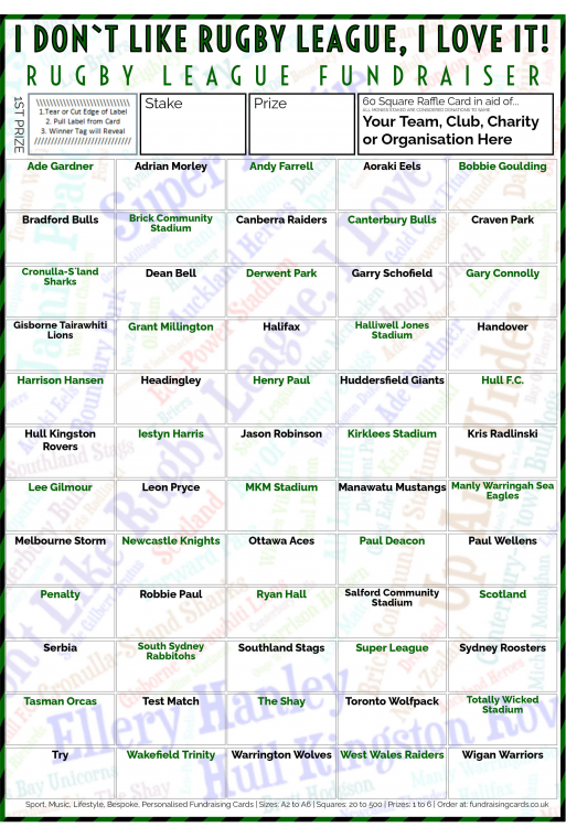 5 x A4 `I Don't Like Rugby League, I Love It` Fundraising Raffle Ticket / Draw Cards / Scratchcards