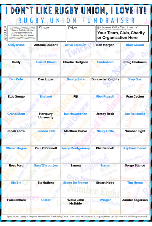 5 x A4 `I Don't Like Rugby Union, I Love It` Fundraising Raffle Ticket / Draw Cards / Scratchcards