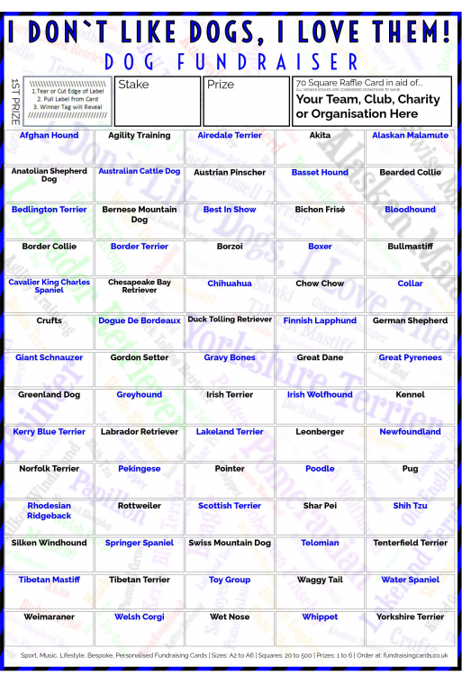 5 x A4 `I Don't Like Dogs, I Love Them` Fundraising Raffle Ticket / Draw Cards / Scratchcards