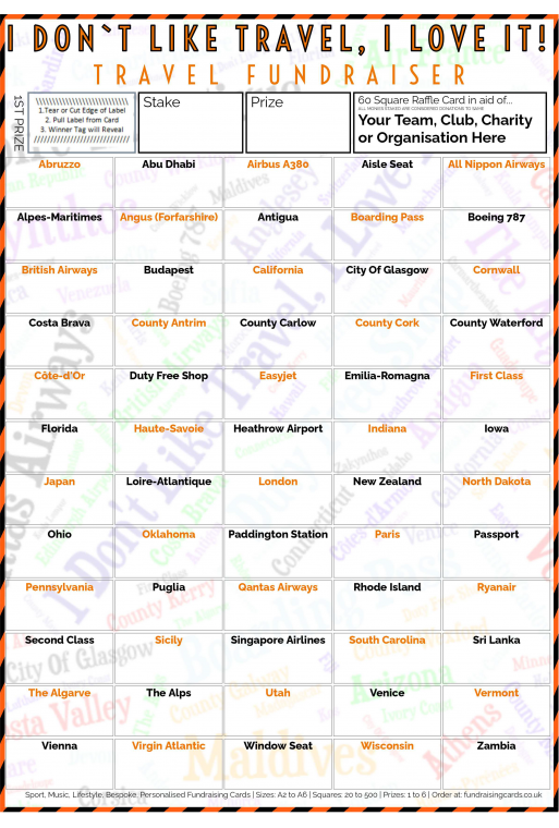 5 x A4 `I Don't Like Travel, I Love It` Fundraising Raffle Ticket / Draw Cards / Scratchcards