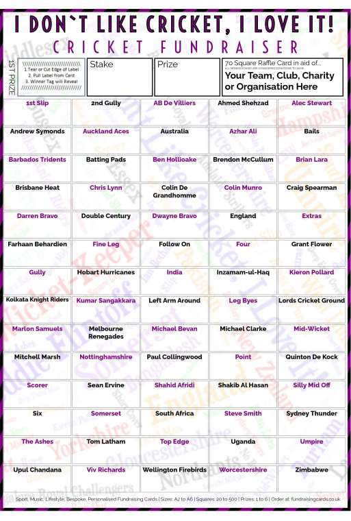 5 x A4 `I Don't Like Cricket, I Love It` Fundraising Raffle Ticket / Draw Cards / Scratchcards