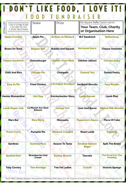 5 x A4 `I Don't Like Food, I Love It` Fundraising Raffle Ticket / Draw Cards / Scratchcards