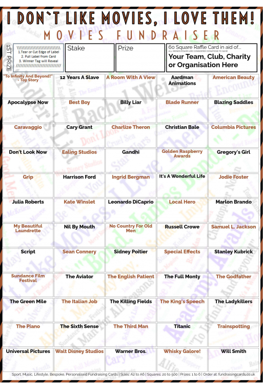 5 x A4 `I Don't Like Movies, I Love Them` Fundraising Raffle Ticket / Draw Cards / Scratchcards