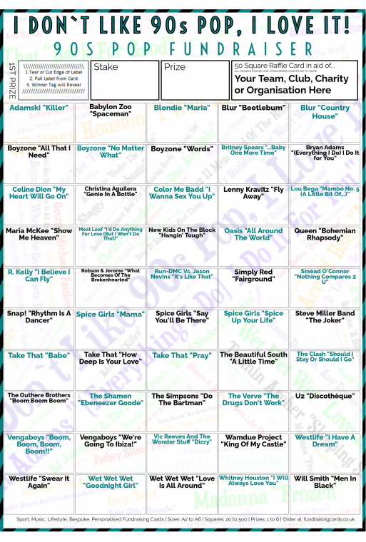 5 x A4 `I Don't Like 90s Pop, I Love It` Fundraising Raffle Ticket / Draw Cards / Scratchcards