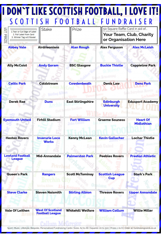 5 x A4 `I Don't Like Scottish Football, I Love It` Fundraising Raffle Ticket / Draw Cards / Scratchcards